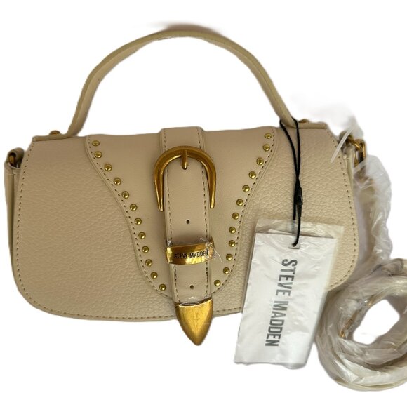 Steve Madden Studded Cream Crossbody Satchel with Gold Buckle Accent - Picture 1 of 4